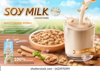 Organic soy milk ads on wooden table and bowl, bokeh green field background in 3d illustration