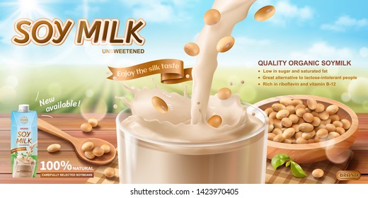 Organic soy milk ads on wooden table and bowl, bokeh green field background in 3d illustration