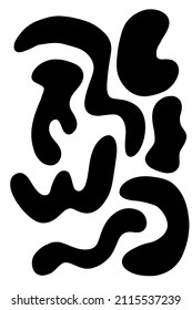 Punto orgánico. Formas abstractas irregulares, gotas de piedra o negras. Resumen de siluetas de guijarros al azar, manchas y manchas de tinta. Sencillos elementos de humedecimiento líquido forman el agua. El vector de las acciones es una burbuja mínima.