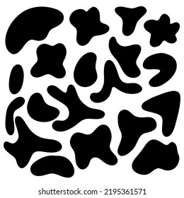 Organic spot. random form. Organic abstract irregular shapes, stone or black blobs. Abstract pebble silhouettes, blotch and inkblot. Simple liquid splodge elements water forms. Vector minimal bubble.