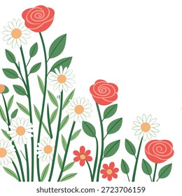 Organic spring garden seamless pattern with roses and daisies for fresh natural home gardens concept as Fresh roses and daisies arranged seamlessly for a natural organic spring garden theme in home gardens in Photo Stock Concept and empty space on the left side,no text --ar 7:2 --tile