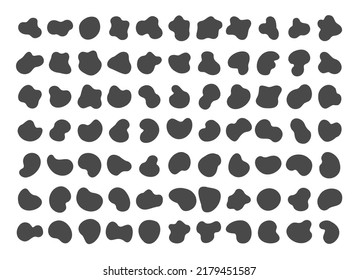 Organic stains. Black gel splotch set, smooth oval graphic circle blobs, irregular vector pebble silhouettes, macula rounding spots, stone spotting shapes isolated on white