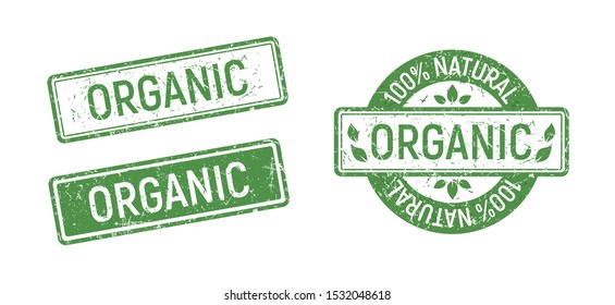 Organic stamp set, Green ecologic natural style on grunge rubber stamp. Vintage old texture frame with text and leaves icon. Modrn eco business element for product. Vector illustration.