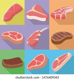 Organic steak icon set. Flat set of 9 organic steak vector icons for web design isolated on white background