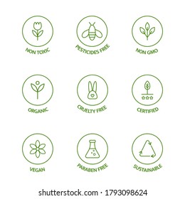 Organic stickers. GMO free emblems. Organic cosmetic line icons set. Natural product badges. Product free allergen labels. Healthy eating. Vegan, bio food. Vector illustration.