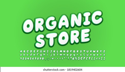 Organic store emblem white green colors. Cartoon italic font set, uppercase and lowercase alphabet letters, numbers. Vector illustration