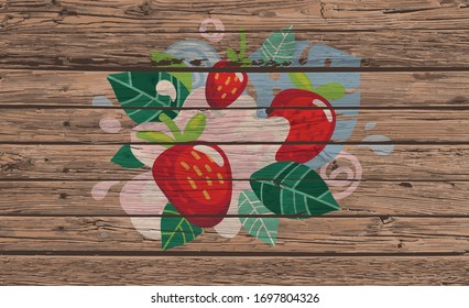 Organic strawberries on a wood crate background. Vector fruit illustration