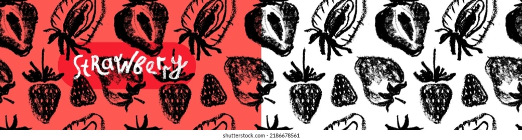 Organic strawberries seamless pattern, strawberry vector illustrations, hand-drawn berry for vegan banner, juice, jam label design. Ripe berries background for baby food packaging. Strawberry backdrop