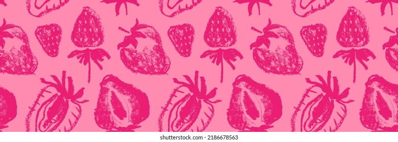 Organic strawberries seamless pattern, strawberry vector illustrations, hand-drawn berry for vegan banner, juice, jam label design. Ripe berries background for baby food packaging. Strawberry backdrop