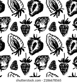 Organic strawberries seamless pattern, strawberry vector illustrations, hand-drawn berry for vegan banner, juice, jam label design. Ripe berries background for baby food packaging. Strawberry backdrop