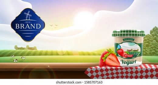 Organic Strawberry Yogurt Packaging Standing On A Red Napkin Ad With Logo On Shiny Farm Background, Vector Banner Illustration For Farm Milk Or Yogurt Product Branding Or Ad Design