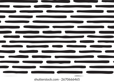 Organic stripe pattern with short irregular black brush strokes on white seamless background.