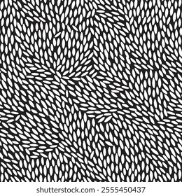 Organic style pattern with repeating elongated black shapes resembling seeds or raindrops. Black-and-white texture like fur, grass, or grains.