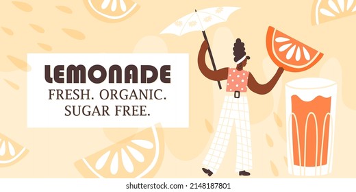 Organic sugar free lemonade 70s style banner design. A woman holding a huge orange fruit slice and paper parasol under big glass with fresh juice. Homegrown and healthy eating, veganism concept.
