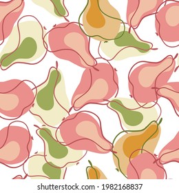 Organic summer fruit seamless pattern with pink and green pear contoured silhouettes. Isolated backdrop. Fresh print. Great for fabric design, textile print, wrapping, cover. Vector illustration.