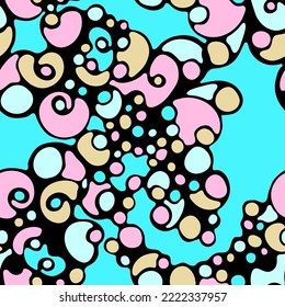 Organic summer seamless pattern doodle texture background design. Swirl element bubble shapes print. Hipster freehand drawing fun design. Cartoon sketch seamless pattern. Drop texture.