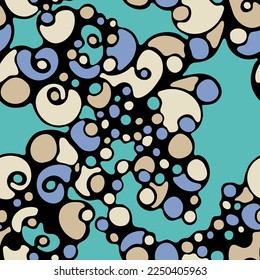 Organic summer seamless pattern doodle texture background design. Curl element curve shapes print. Trendy freehand drawing fun design. Cartoon vibrant seamless pattern. Drop texture.