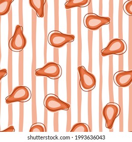 Organic summer seamless pattern with random avocado ornament. Pink striped background. Decorative backdrop for fabric design, textile print, wrapping, cover. Vector illustration.