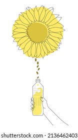 Organic sunflower oil in a plastic bottle. Hand holding a bottle of oil