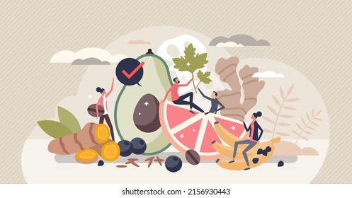 Organic superfood and ecological essential nutrients tiny person concept. Healthy diet with avocado, vegetables, fruits and roots for wellbeing or body health vector illustration. Eco premium products