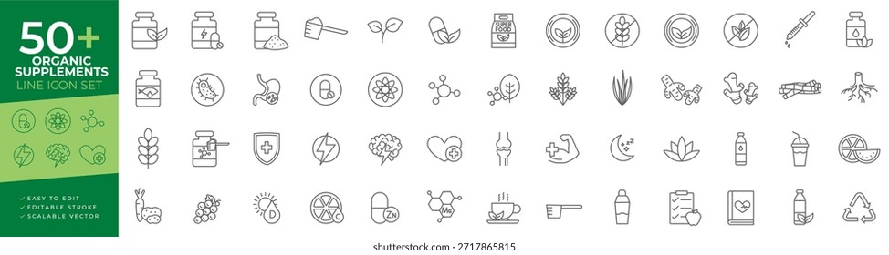 Organic supplements line icon set for health, natural food, vitamins, minerals, protein, herbal medicine, fitness, and superfood elements, perfect for nutrition apps and wellness brand interfaces.
