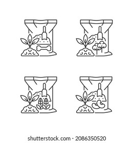 Organic supplements linear icons set. Natural fertilizers for ground. Growth increasing. Dry additive. Customizable thin line contour symbols. Isolated vector outline illustrations. Editable stroke