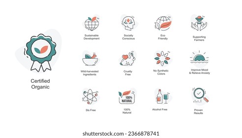 Symbole für ökologisch nachhaltige Produkte. Dieses Paket enthält Symbole für umweltfreundliche, sozial bewusste Produkte und Verfahren, die eine nachhaltige Entwicklung unterstützen und gleichzeitig bewährte Ergebnisse liefern.