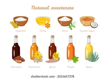 Organic Sweeteners Set. Erythritol, Honey, Stevia, Coconut Sugar In  Bowl, Topinambur Syrup In Glass Bottle, Yacon, Maple, Agave, Dates. Vector Illustration Of Healthy Food In Cartoon Flat Style.