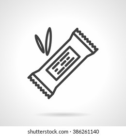 Organic sweets. Cereal energy or protein bar in pack with abstract label. Vector icon simple black line style. Single design element for website, business.