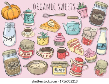 Organic sweets. Set of pies, jam, teapots and cups with tea and coffee