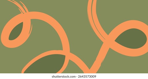 Organic swirls and flowing curves in orange tones over muted olive green, seamless abstract vector