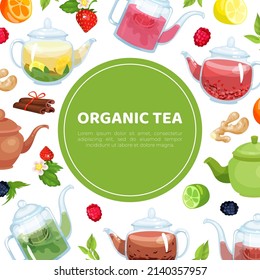 Organic tea banner template. Herbal healthy drink, aromatherapy, homeopathy card. Tea shop, eco product advertising, packaging vector illustration