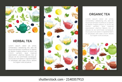 Organic tea banner templates set. Herbal healthy drink, aromatherapy, homeopathy brochure, cover, advertising, packaging vector illustration