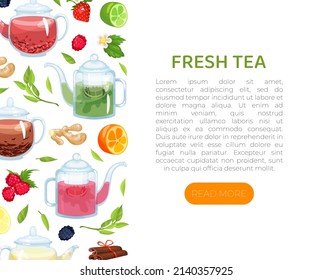 Organic tea card with text. Herbal healthy drink, aromatherapy, homeopathy brochure. Tea shop, organic product advertising, packaging vector illustration