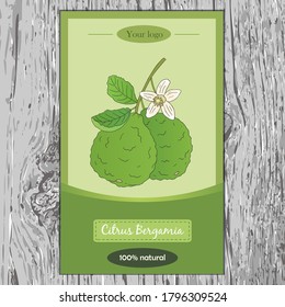 Organic tea collection. Vector flyer with hand drawn illustration of citrus bergamia on a wooden background