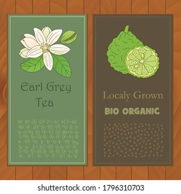 Organic tea collection. Vector flyers with hand drawn illustration of citrus bergamia on a wooden background