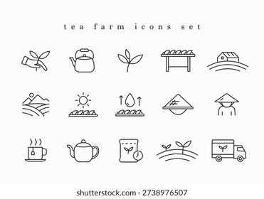 Organic tea farm linear icons set. Tea plantation drink production line symbol logo icon collections. Editable stroke
