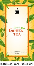 Organic tea frame logo. Green Tea  leaves on Orange background. Business logotype.Design for tea packaging, natural cosmetics and health care products with place for text. Vector illustration.