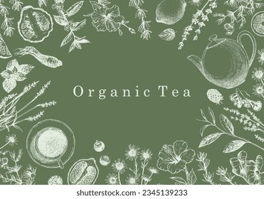 Organic Tea. Hand-drawn illustration of plants and objects. Ink. Vector