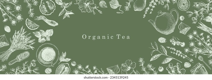 Organic Tea. Hand-drawn illustration of plants and objects. Ink. Vector