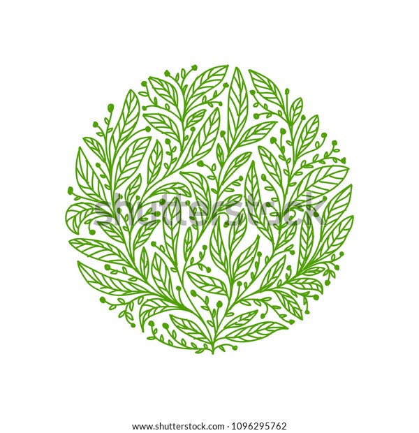白い背景に有機茶の葉のロゴデザインイラスト 茶の葉のロゴデザイン 円形の有機茶の葉のロゴデザインイラスト のベクター画像素材 ロイヤリティフリー