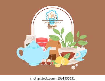 Organic tea vector illustration. Poster for cafes and restaurants. Herbal organic tea. Invitation for tea tasting. Banner with teapot, kettle, sugar and herbal leaves with lemon with quote.