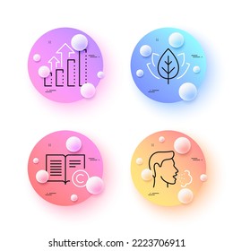 Organic tested, Analysis graph and Copyright minimal line icons. 3d spheres or balls buttons. Cough icons. For web, application, printing. Bio ingredients, Targeting chart, Copywriting book. Vector