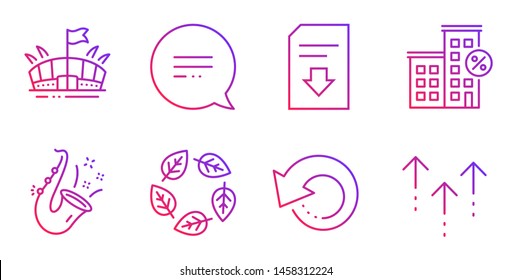 Organic tested, Arena and Text message line icons set. Loan house, Download file and Recovery data signs. Jazz, Swipe up symbols. Bio ingredients, Sport stadium. Business set. Vector