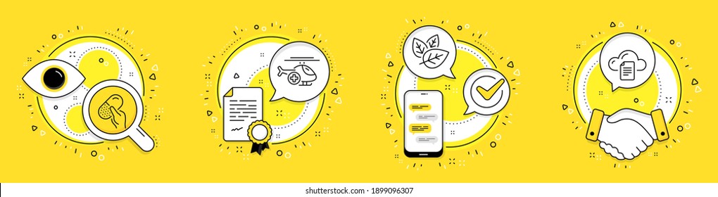 Organic tested, Capsule pill and Medical helicopter line icons set. Licence, cell phone and deal vector icons. File storage sign. Bio ingredients, Medicine drugs, Sky transport. Vector