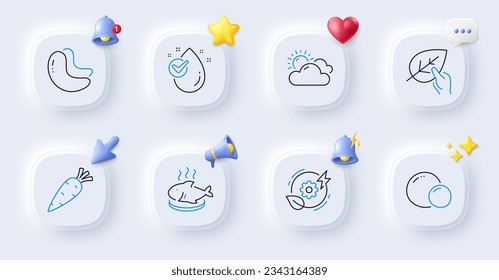Organic tested, Carrot and Cashew nut line icons. Buttons with 3d bell, chat speech, cursor. Pack of Water drop, Green energy, Fish dish icon. Peas, Sunny weather pictogram. Vector