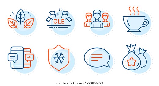 Organic tested, Chat and Ole chant signs. Group, Clean skin and Loyalty points line icons set. Coffee, Smartphone sms symbols. Group of people, Cold protect. Business set. Outline icons set. Vector