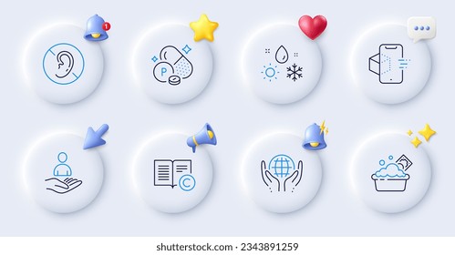 Organic tested, Copyright and Augmented reality line icons. Buttons with 3d bell, chat speech, cursor. Pack of No hearing, Launder money, Phosphorus mineral icon. Vector