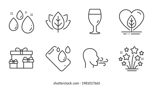 Organic tested, Fireworks stars and Water drop line icons set. Beer glass, Local grown and Breathing exercise signs. Surprise boxes, Smartphone waterproof symbols. Quality line icons. Vector