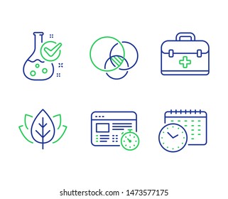 Organic tested, First aid and Web timer line icons set. Chemistry lab, Euler diagram and Calendar time signs. Bio ingredients, Medicine case, Online test. Laboratory flask. Science set. Vector